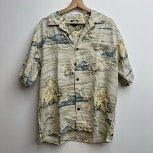 VTG Tommy Bahama Men's Medium Beige Hawaiian Floral Rayon Short Sleeve Button-Up
